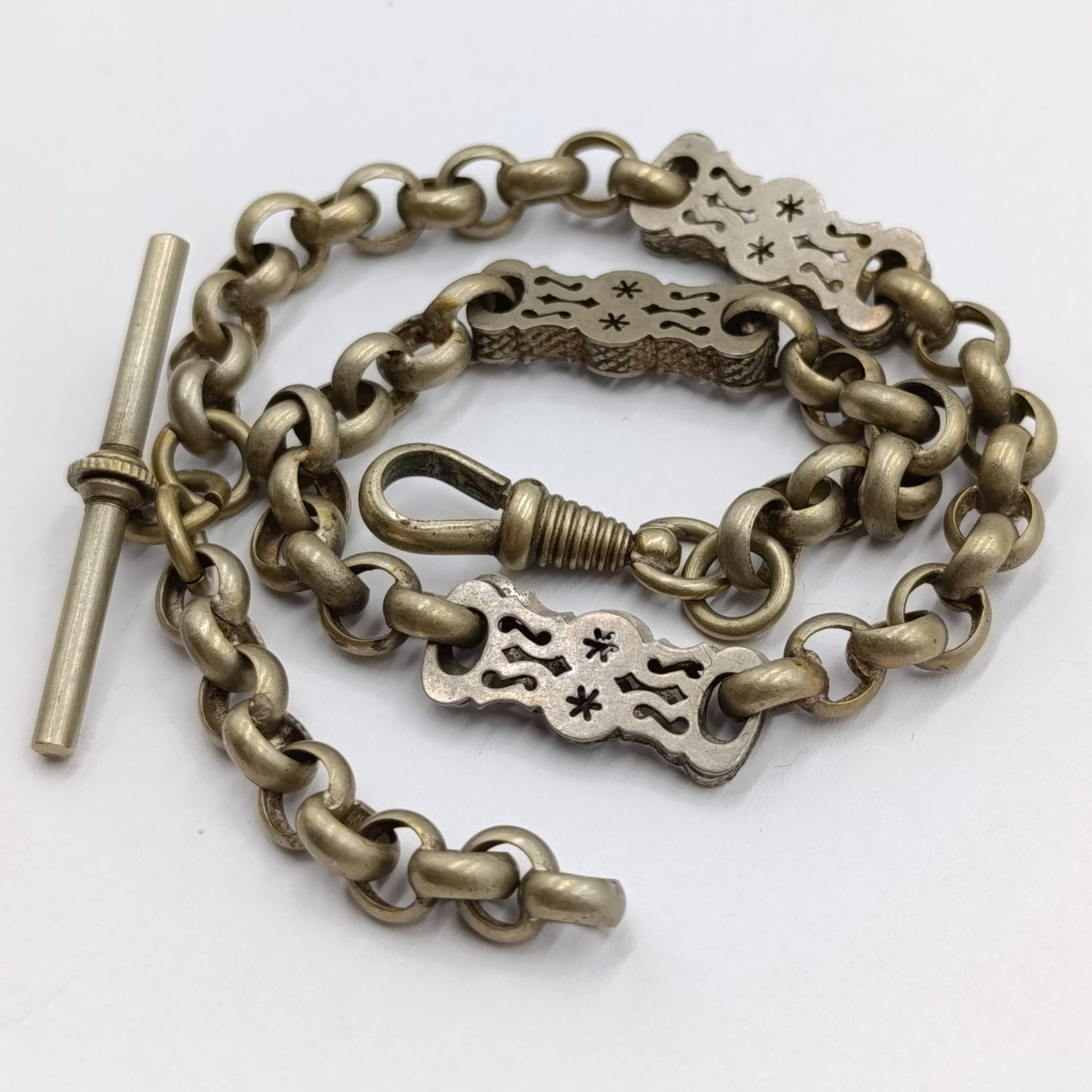Antique nickel-plated pocketwatch fob chain