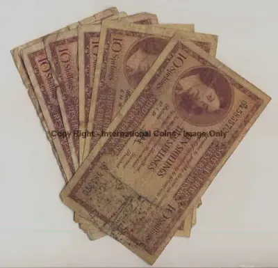 Lot of 6 very well used MH de Kock 10 Shillings banknotes - All different years
