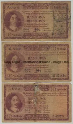 Lot of 6 very well used MH de Kock 10 Shillings banknotes - All different years