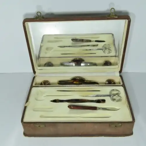 Vintage Faux tortoise shell nail care cleaning kit in case - Some items missing