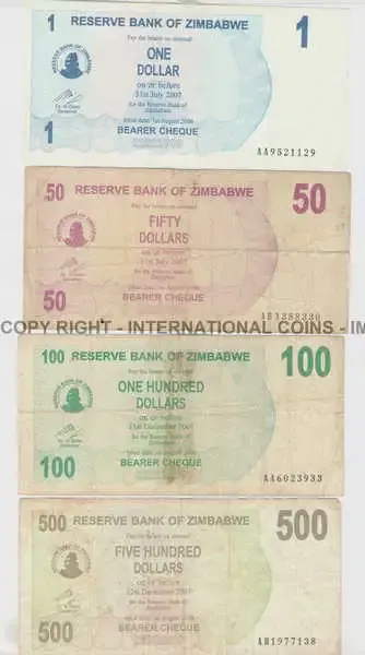 Lot of 14 Zimbabwe banknotes 2007/2008 bearer cheques - 1 dollar to 500 000 000 dollars
