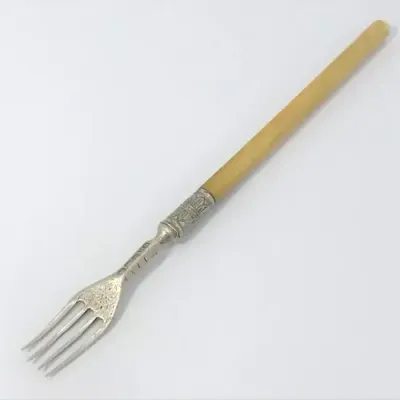 Victorian Sheffield silver pickle fork with bone handle