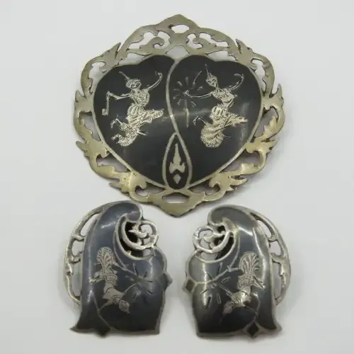 Vintage SIAM silver brooch and earring set