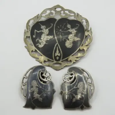 Vintage SIAM silver brooch and earring set