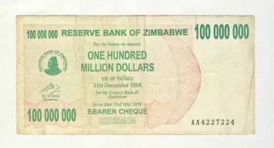 Zimbabwe 100 million dollar banknote - bearer cheque with RADAR number - AA4227224