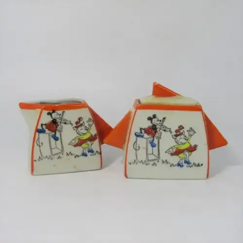 Childs Art Deco milk and sugar vessels with Mickey Mouse picture