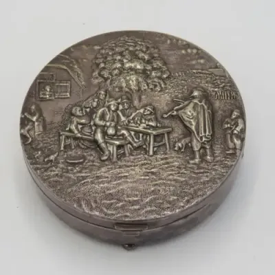 Vintage Alpacca silver-plated round trinket box with men drinking on lid
