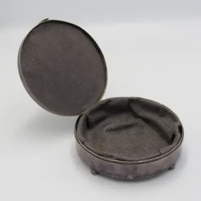 Vintage Alpacca silver-plated round trinket box with men drinking on lid