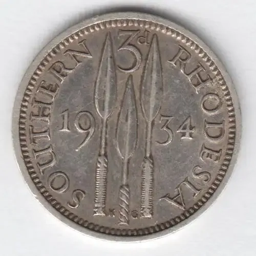 1934 Southern Rhodesia 3 pence tickey - excellent - as per photo