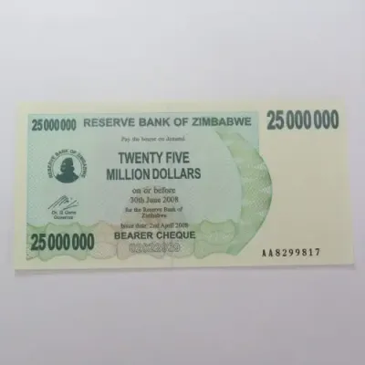 Zimbabwe $25000000 Bearer cheque 2 April 2008 uncirculated ZW 91