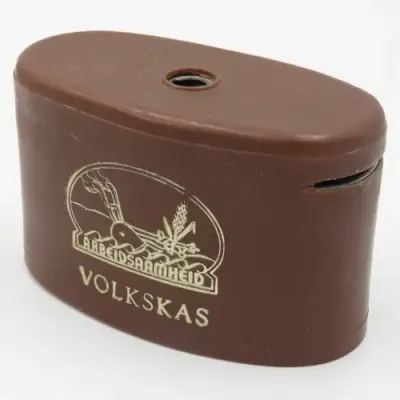 Vintage Volkskas Arbeidsaambeid Money box with brown plastic outer