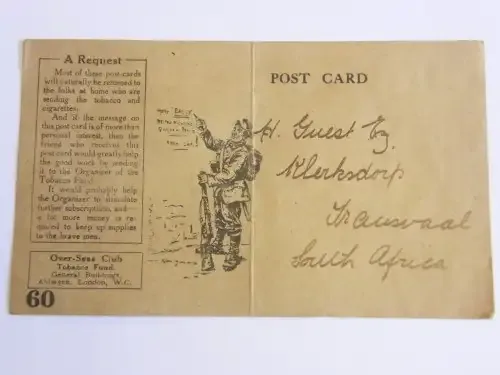 WW1 om active service Tobacco Fund postcard of the over-seas club (numbered 60) originating in SA