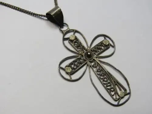 Antique silver filigree cross pendant with necklace - necklace 38cm length