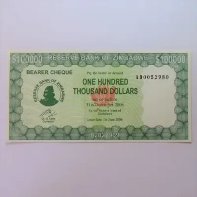 Zimbabwe Bearer cheque 1/6/2006 $100000 uncirculated AD0052980 ZW 64