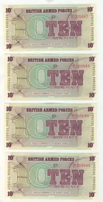 Lot of 9 6th series British Armed Forces 10 Pence notes - uncirculated with consecutive numbers