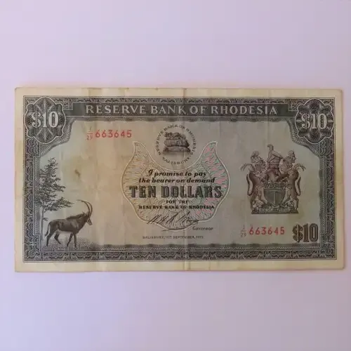 Reserve Bank of Rhodesia Ten Dollars 15 September 1975 - Fine