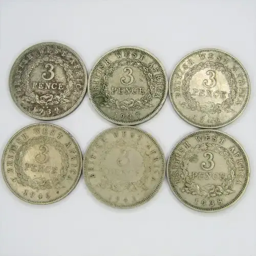 Lot of 6 British West Africa Three Pence coins - 1938, 1939, 1943, 1945, 1946, 1947