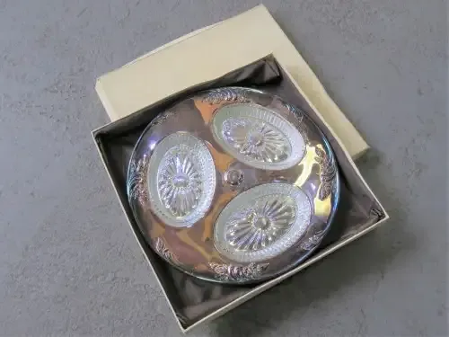 Vintage silverplated serving plate with 3 small glass bowls