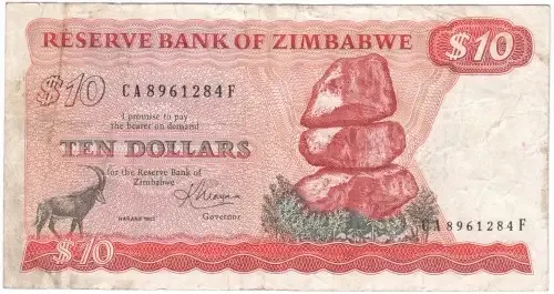 Zimbabwe 10 dollars - bird watermark - Harare 1983