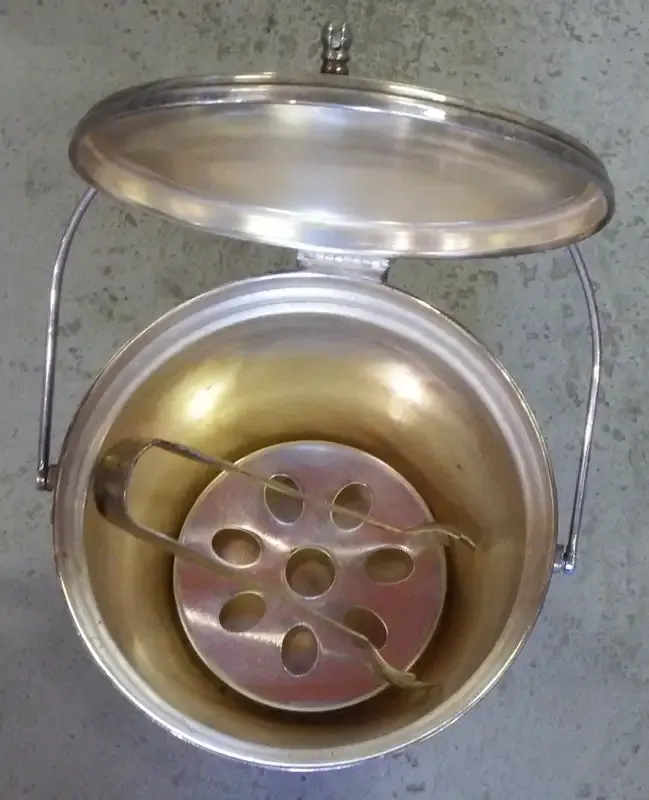 Vintage Emess silverplated ice bucket with tongs and strainer