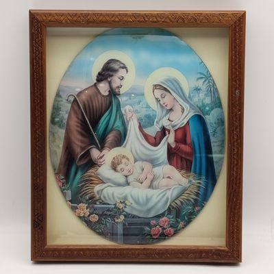 Antique Convex glass print of Joseph and Mary with baby Jesus - in box frame