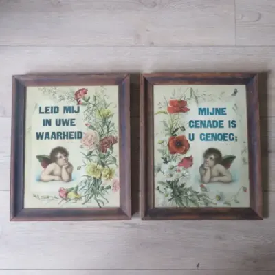 Pair of framed vintage Dutch Bible verse prints, Frame 47 x 38, Painting 40 x 31cm