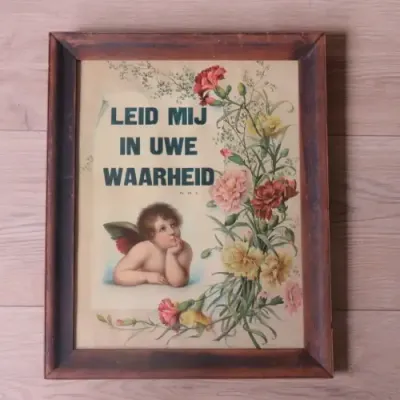 Pair of framed vintage Dutch Bible verse prints, Frame 47 x 38, Painting 40 x 31cm