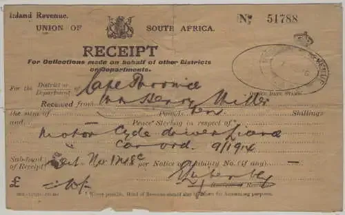 1916 Motorcycle license receipt to Henry Miller issued for District of Cape Province