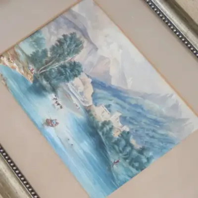 Beautiful watercolor painting of village by J.Ferrowlhot - Some spots - Sizes in description