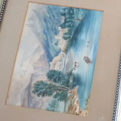 Beautiful watercolor painting of village by J.Ferrowlhot - Some spots - Sizes in description