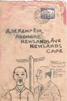 Postal history - 1949 Art postal cover drawn in pen by sender with 2 comic drawings - as per scan