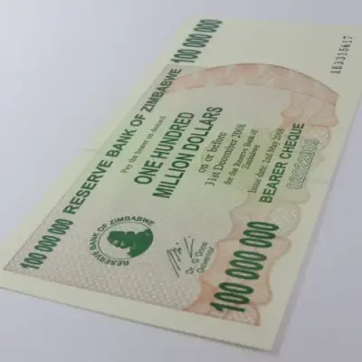 Zimbabwe $100000000 - One hundred million dollars bearer cheque 2 May 2008 uncirculated ZW 93