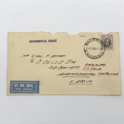 Southern Rhodesia 1931 Experimental Flight from Salisbury, South Africa redirected to Norhslope