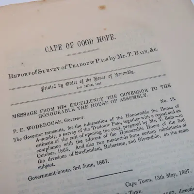 1867 Cape of Good Hope report if survey of Tradouw pass by Mr. T. Bain
