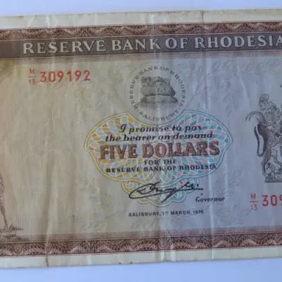 Reserve Bank of Rhodesia Five Dollars 1 March 1976 aVF