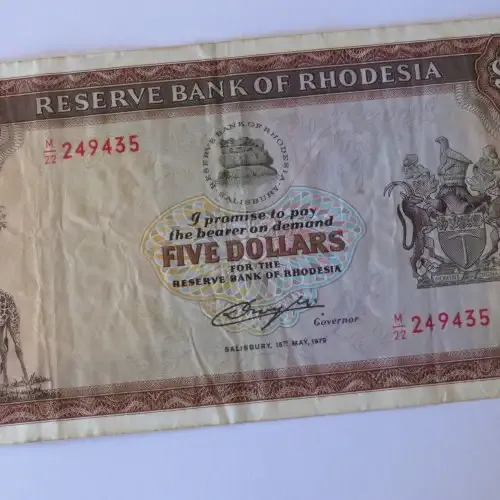 Reserve Bank of Rhodesia Five Dollars 15 May 1979 VF
