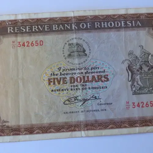 Reserve Bank of Rhodesia Five Dollars 20 October 1978 - aVF