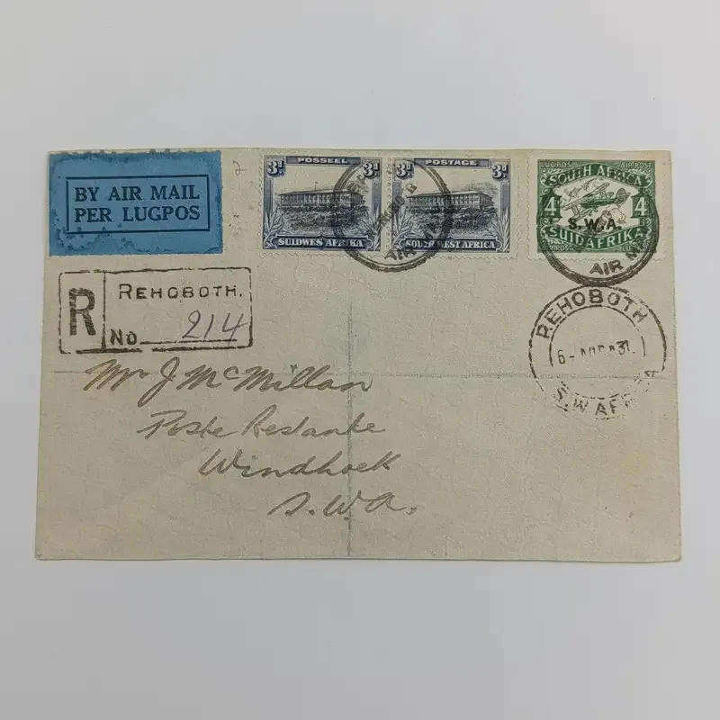 Registered Air Mail cover Rehoboth to Windhoek 6 August 1931 with SACC 99