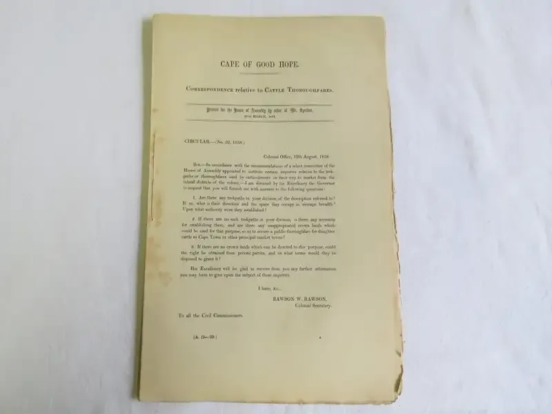 1858 Cape of Good Hope correspondence relative to cattle thoroughfares
