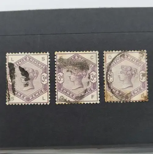 3 Different SG 191 (Type 62) Three pence stamps - 1883 3 different cornet markings - Lot of 3