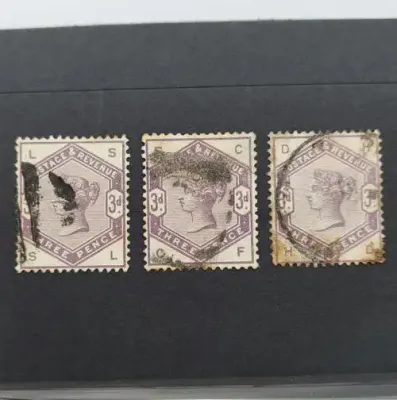 3 Different SG 191 (Type 62) Three pence stamps - 1883 3 different cornet markings - Lot of 3