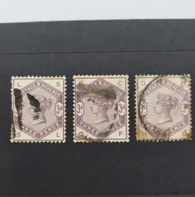 3 Different SG 191 (Type 62) Three pence stamps - 1883 3 different cornet markings - Lot of 3