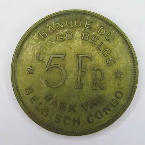 1947 Belgium Congo 5 Franc - aXF but bad strike on `Congo`