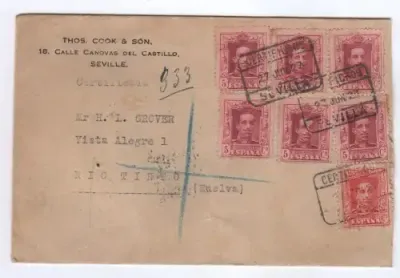 Registered cover Sevilla Spain to Rio Tinto, Portugal with 7 Spanish stamps including 25 cent