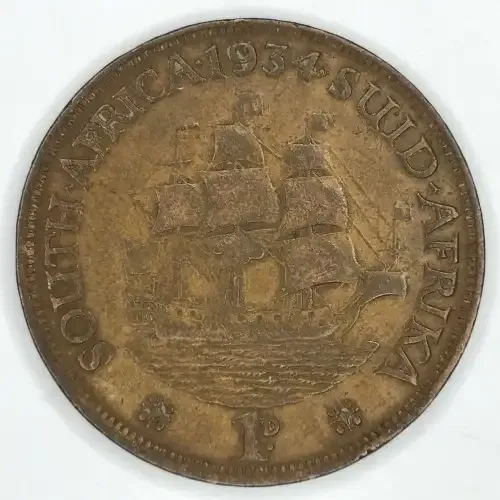1934 SA Union Bronze Penny with 4 struck misaligned
