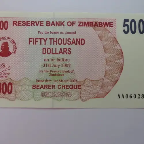 Zimbabwe Bearer cheque 1-3-2007 $50000 uncirculated AA 0602894