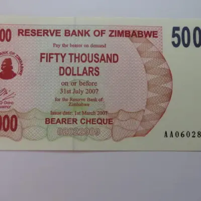 Zimbabwe Bearer cheque 1-3-2007 $50000 uncirculated AA 0602894