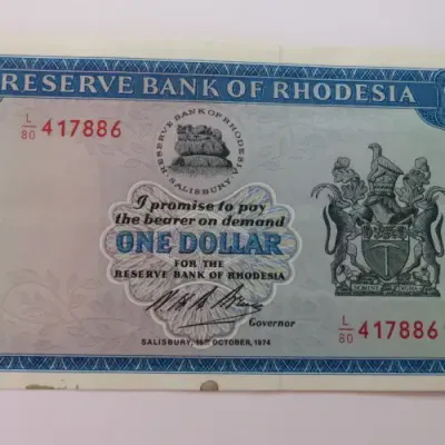 Reserve Bank of Rhodesia One Dollar 13 October 1974 uncirculated with stains on lower rim of note