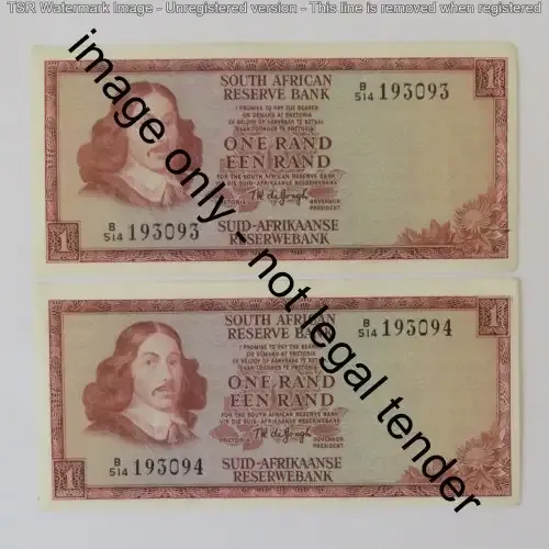 TW de Jongh 3rd issue pair of uncirculated R1 notes with consecutive numbers