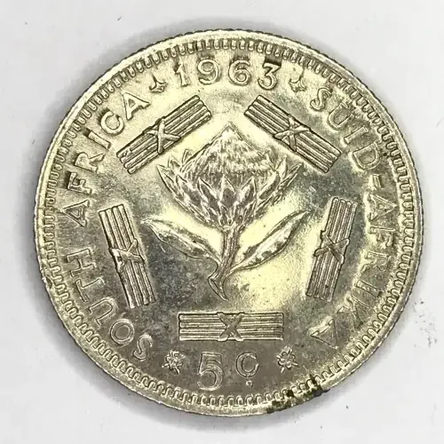1963 South Africa Five cent with cracked die mark both sides - through C of 5c and N of Unity